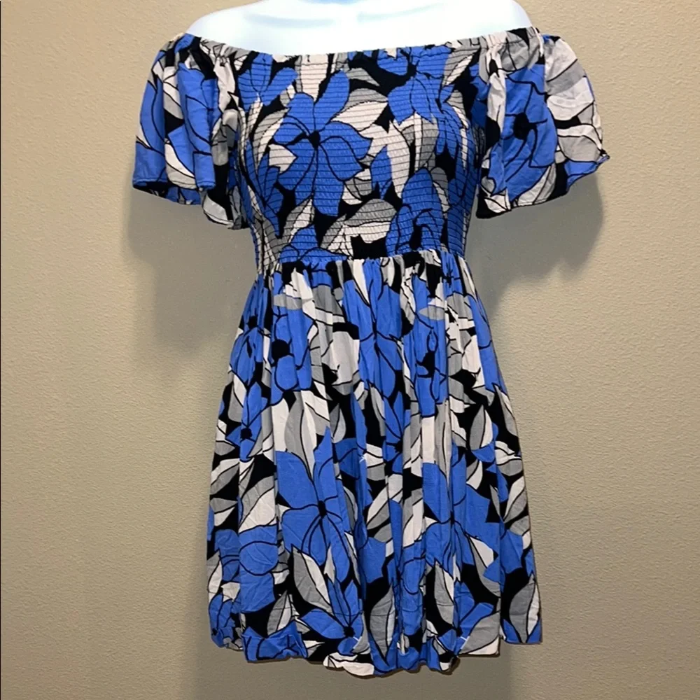 Free People Women’s Blue & Black Smocked Bodice Ruffled Sleeve Mini Dress SZ S